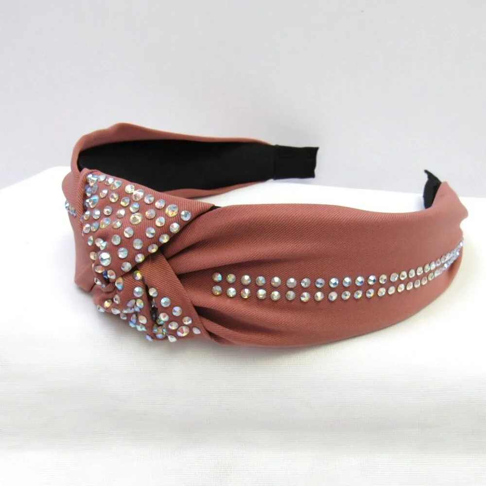 Mauve Color Rhinestone Embellished Twist Style Fabric Headband  NEW - Picture 3 of 5